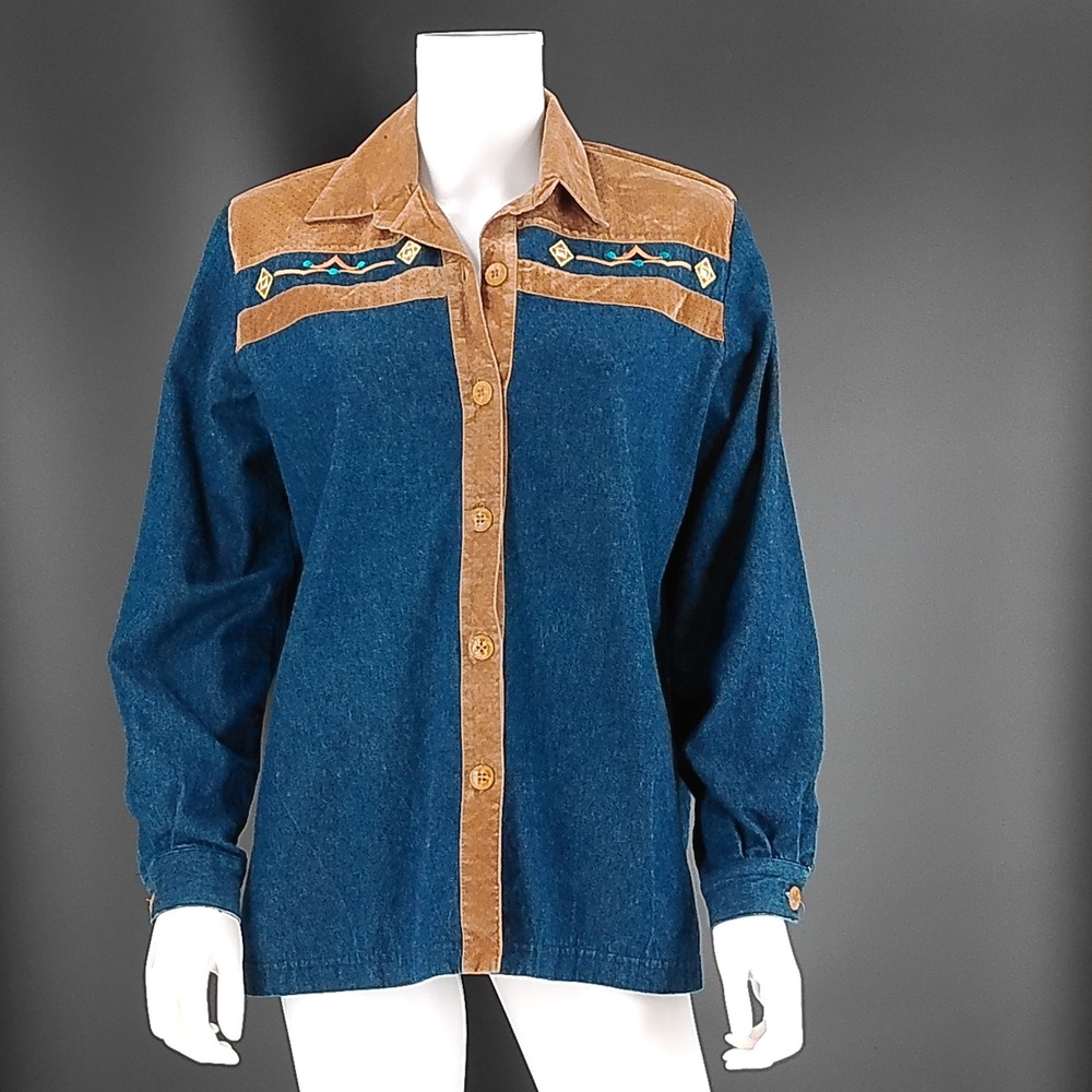 Gepetto Vintage Western Denim Shirt Women Small Blue Tan Southwestern Top